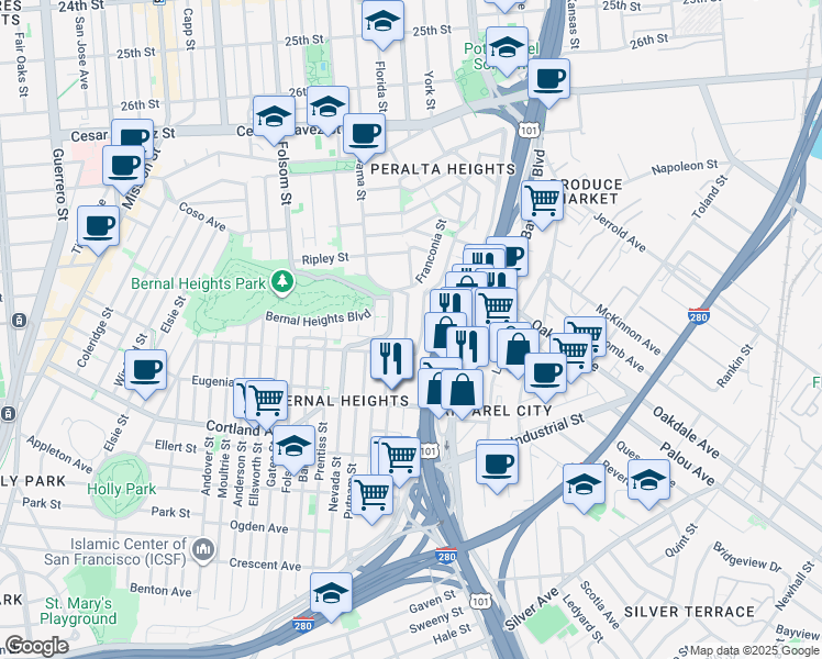 map of restaurants, bars, coffee shops, grocery stores, and more near 2 Peralta Avenue in San Francisco