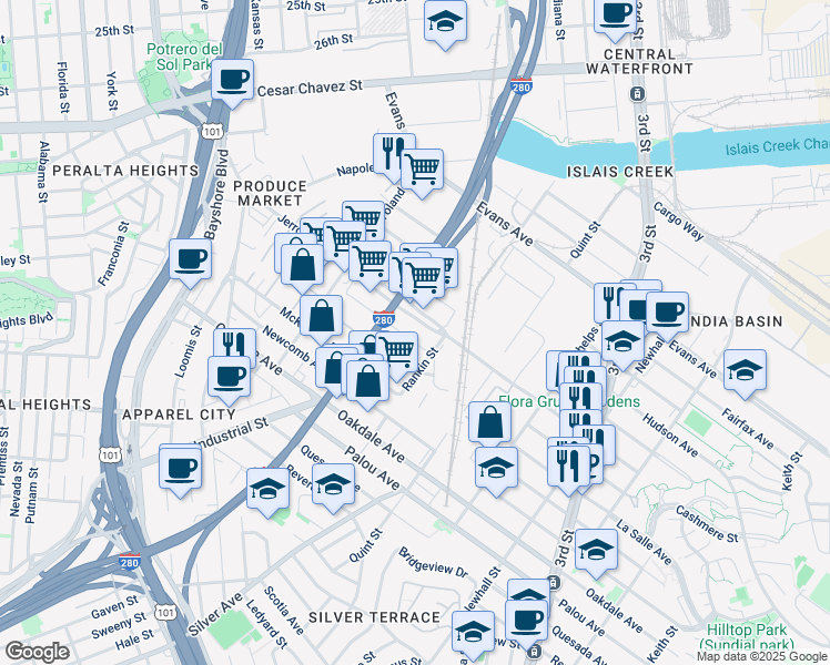 map of restaurants, bars, coffee shops, grocery stores, and more near 1901 Jerrold Avenue in San Francisco