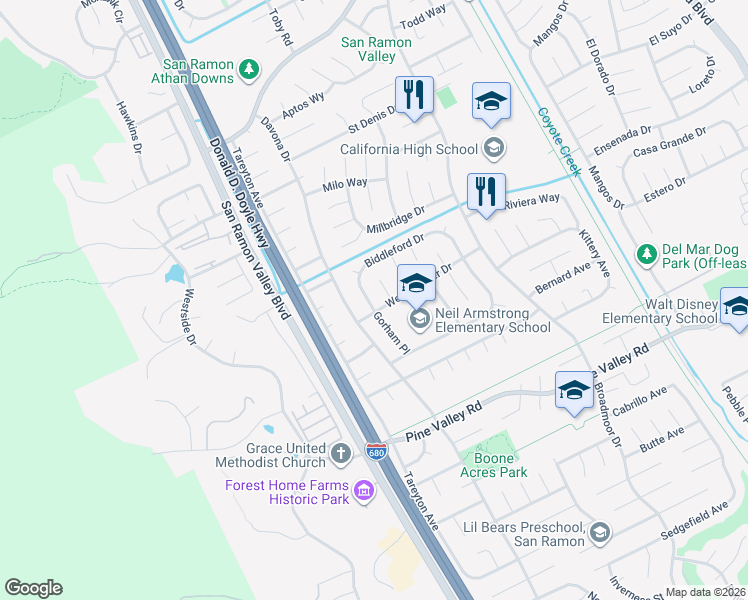 map of restaurants, bars, coffee shops, grocery stores, and more near 2848 Biddleford Drive in San Ramon