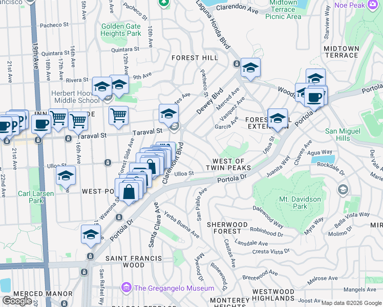 map of restaurants, bars, coffee shops, grocery stores, and more near 55 Allston Way in San Francisco
