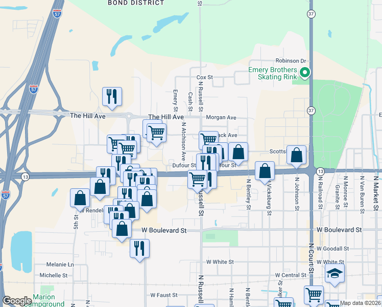 map of restaurants, bars, coffee shops, grocery stores, and more near 1505 Scottsboro Road in Marion