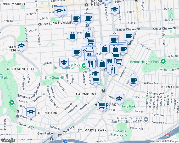 map of restaurants, bars, coffee shops, grocery stores, and more near Church St & 30th St in San Francisco