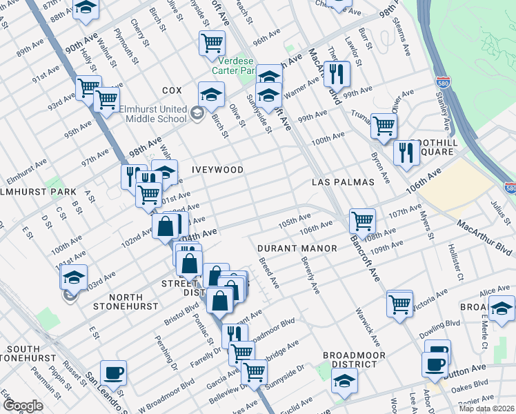 map of restaurants, bars, coffee shops, grocery stores, and more near 1920 104th Avenue in Oakland