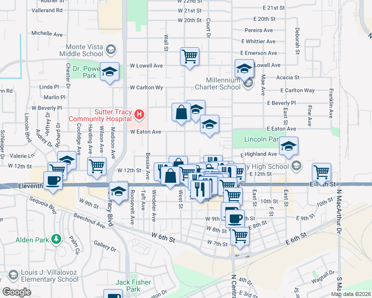 map of restaurants, bars, coffee shops, grocery stores, and more near 240 West Highland Avenue in Tracy