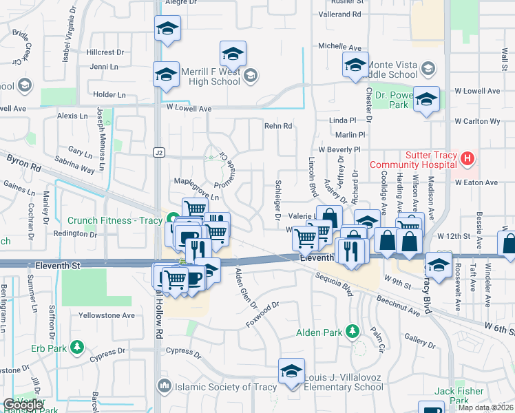 map of restaurants, bars, coffee shops, grocery stores, and more near 1251 Heatherfield Court in Tracy