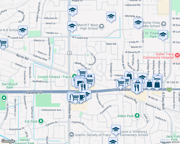 map of restaurants, bars, coffee shops, grocery stores, and more near 1799 Laurelgrove Lane in Tracy