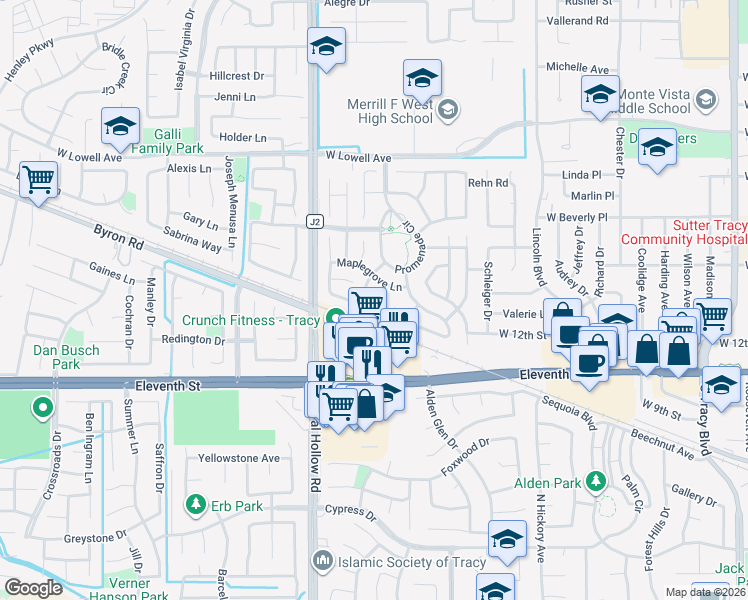 map of restaurants, bars, coffee shops, grocery stores, and more near 1880 Laurelgrove Lane in Tracy