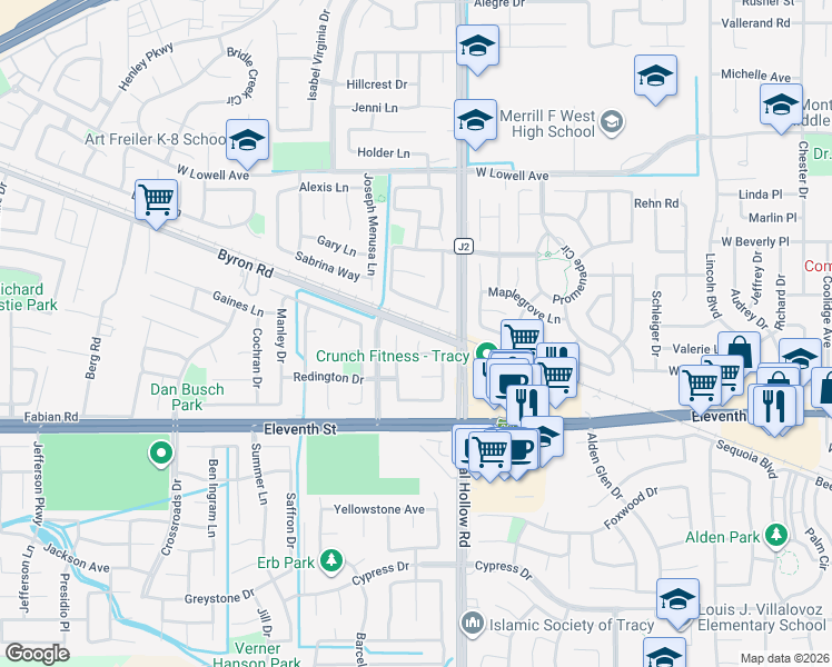 map of restaurants, bars, coffee shops, grocery stores, and more near 2133 Penny Lane in Tracy
