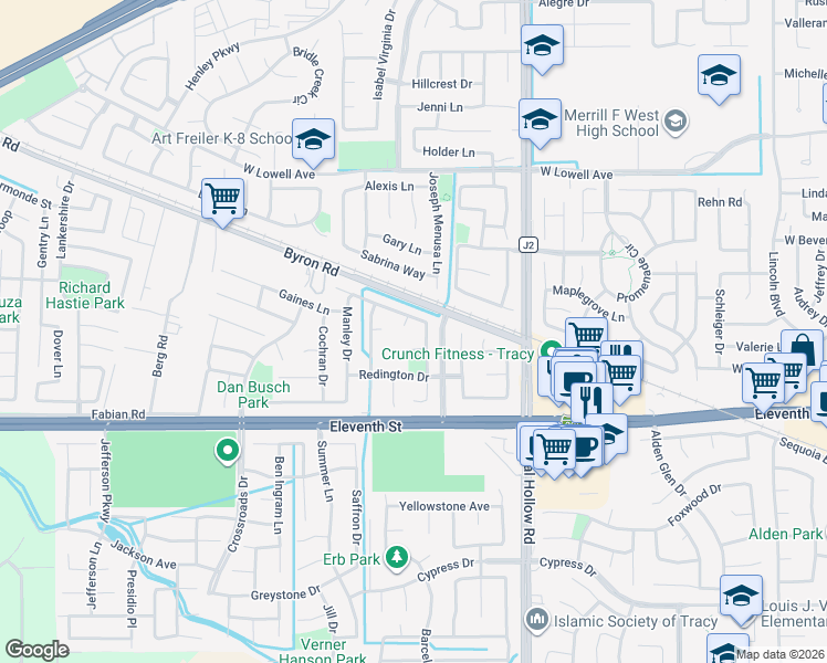 map of restaurants, bars, coffee shops, grocery stores, and more near 2266 Octavia Court in Tracy