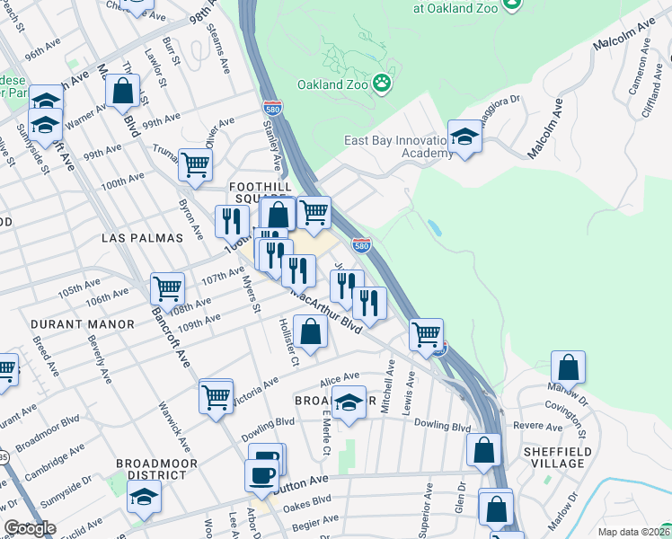 map of restaurants, bars, coffee shops, grocery stores, and more near 2666 109th Avenue in Oakland