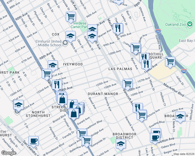 map of restaurants, bars, coffee shops, grocery stores, and more near 2025 105th Avenue in Oakland