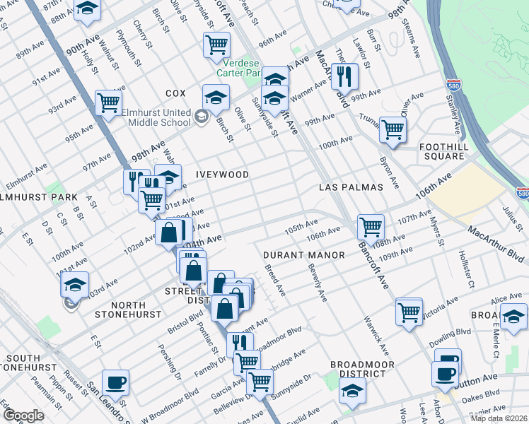 map of restaurants, bars, coffee shops, grocery stores, and more near 1920 104th Avenue in Oakland