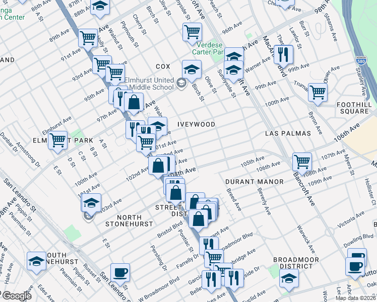 map of restaurants, bars, coffee shops, grocery stores, and more near 1611 103rd Avenue in Oakland
