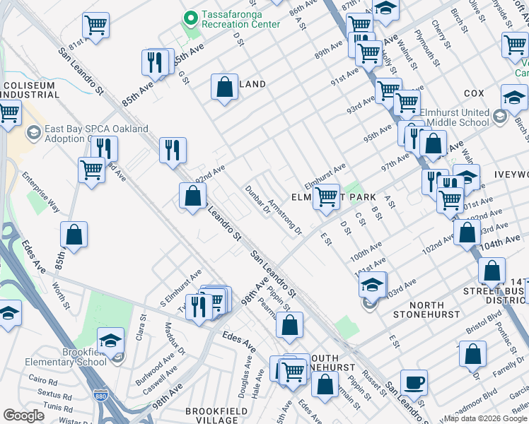 map of restaurants, bars, coffee shops, grocery stores, and more near 9616 Dunbar Drive in Oakland