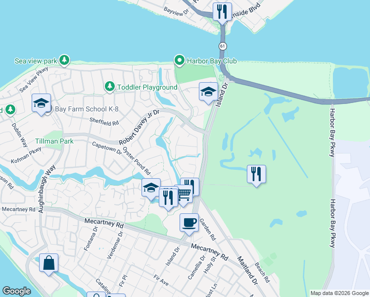 map of restaurants, bars, coffee shops, grocery stores, and more near 50 Chatham Point in Alameda
