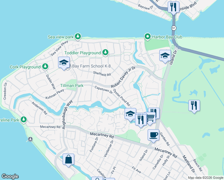 map of restaurants, bars, coffee shops, grocery stores, and more near 15 Captains Drive in Alameda