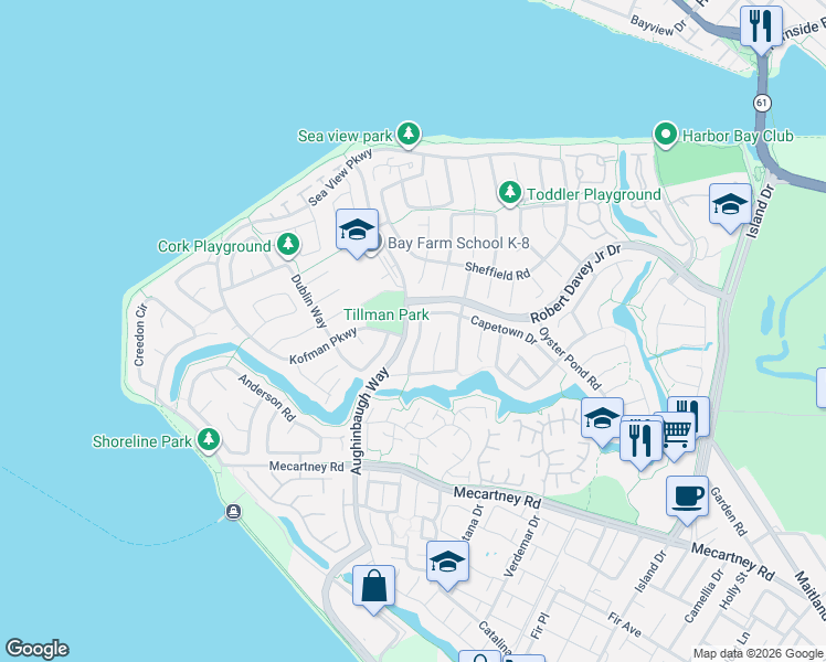 map of restaurants, bars, coffee shops, grocery stores, and more near 35 Cove Road in Alameda
