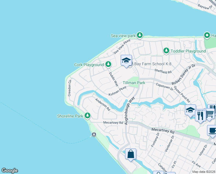 map of restaurants, bars, coffee shops, grocery stores, and more near 1781 Kofman Parkway in Alameda