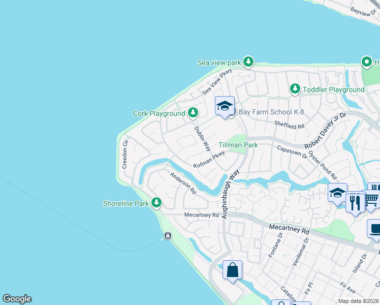 map of restaurants, bars, coffee shops, grocery stores, and more near 1781 Kofman Parkway in Alameda