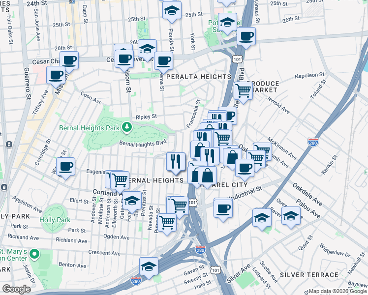 map of restaurants, bars, coffee shops, grocery stores, and more near 690 Peralta Avenue in San Francisco
