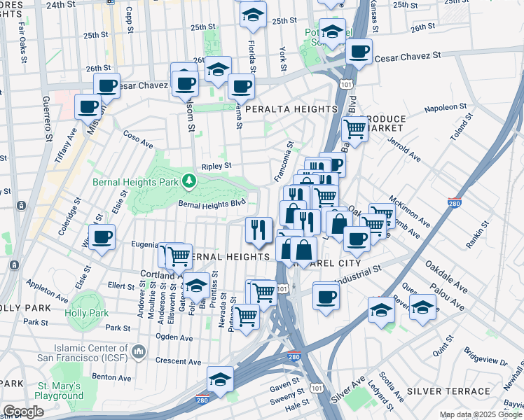 map of restaurants, bars, coffee shops, grocery stores, and more near 690 Peralta Avenue in San Francisco