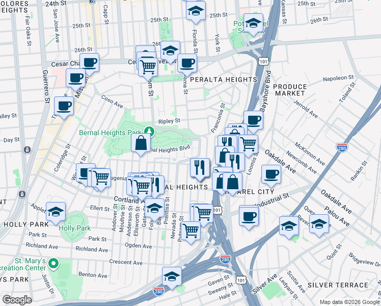 map of restaurants, bars, coffee shops, grocery stores, and more near 965 Powhattan Avenue in San Francisco