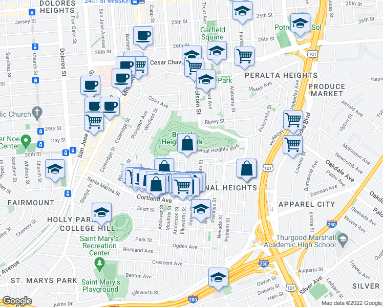 map of restaurants, bars, coffee shops, grocery stores, and more near 3600 Folsom Street in San Francisco