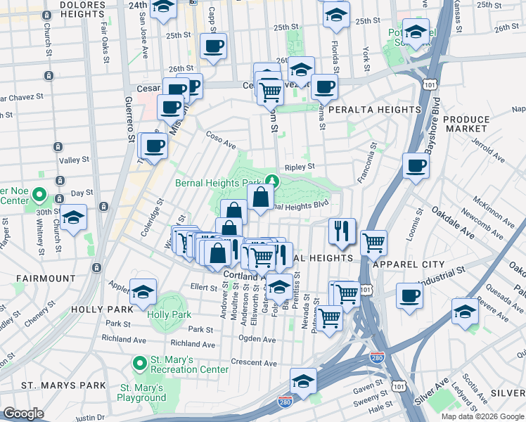 map of restaurants, bars, coffee shops, grocery stores, and more near 3600 Folsom Street in San Francisco