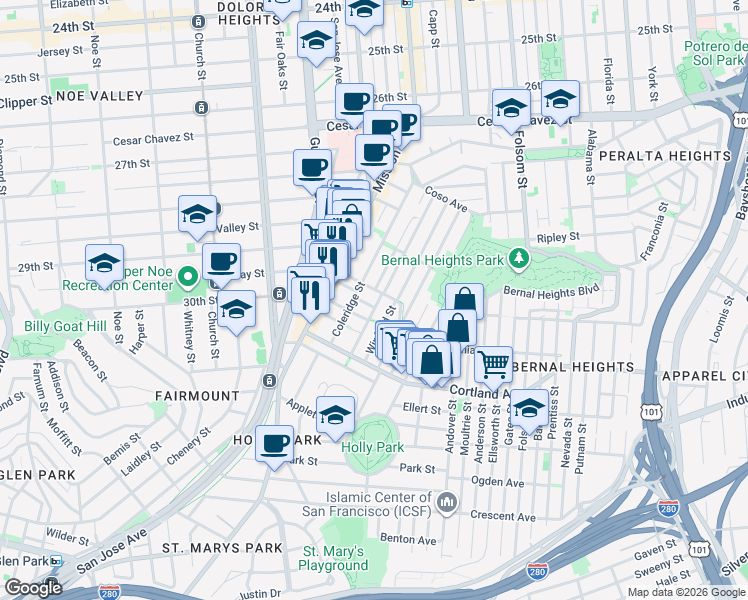 map of restaurants, bars, coffee shops, grocery stores, and more near 236 Winfield Street in San Francisco