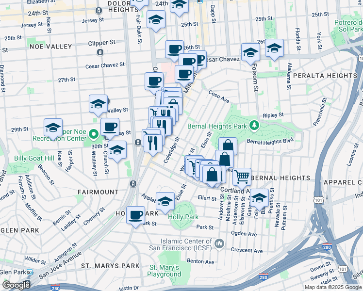 map of restaurants, bars, coffee shops, grocery stores, and more near 236 Winfield Street in San Francisco