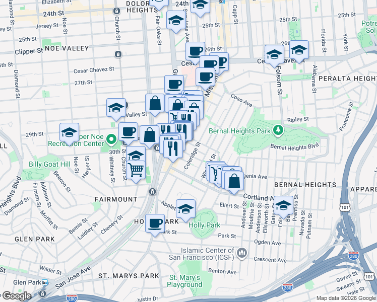 map of restaurants, bars, coffee shops, grocery stores, and more near 315 Coleridge Street in San Francisco
