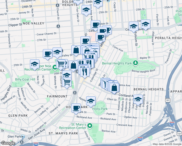 map of restaurants, bars, coffee shops, grocery stores, and more near 315 Coleridge Street in San Francisco