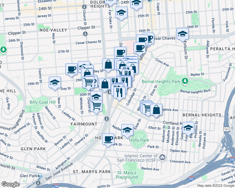 map of restaurants, bars, coffee shops, grocery stores, and more near 3395 Mission Street in San Francisco
