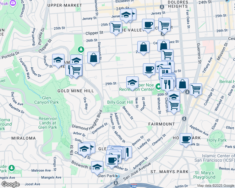 map of restaurants, bars, coffee shops, grocery stores, and more near 2442 Castro Street in San Francisco