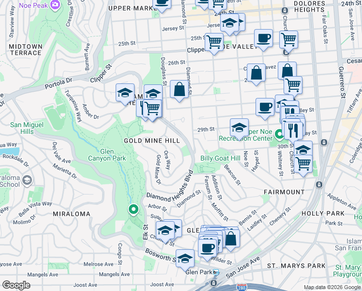map of restaurants, bars, coffee shops, grocery stores, and more near 107 Topaz Way in San Francisco