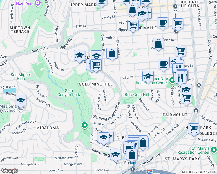 map of restaurants, bars, coffee shops, grocery stores, and more near 43 Ora Way in San Francisco