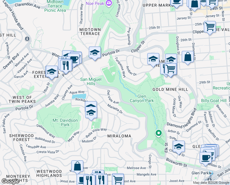 map of restaurants, bars, coffee shops, grocery stores, and more near 350 O'Shaughnessy Boulevard in San Francisco