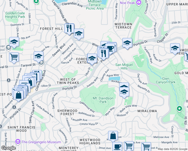 map of restaurants, bars, coffee shops, grocery stores, and more near 212 Juanita Way in San Francisco