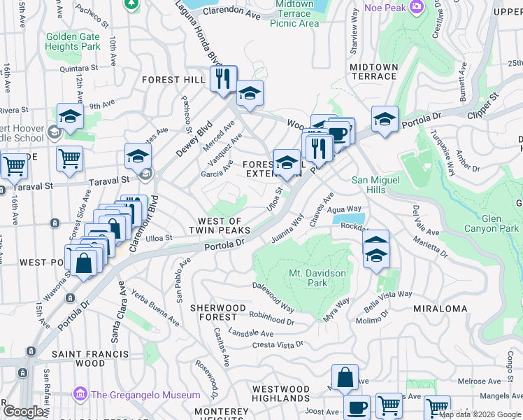 map of restaurants, bars, coffee shops, grocery stores, and more near 327 Ulloa Street in San Francisco
