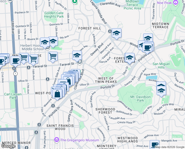 map of restaurants, bars, coffee shops, grocery stores, and more near 129 Granville Way in San Francisco