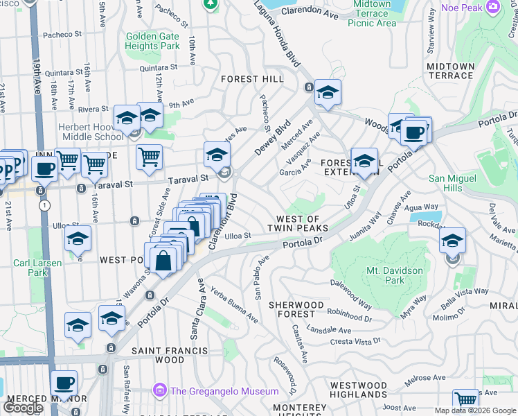 map of restaurants, bars, coffee shops, grocery stores, and more near 55 Allston Way in San Francisco