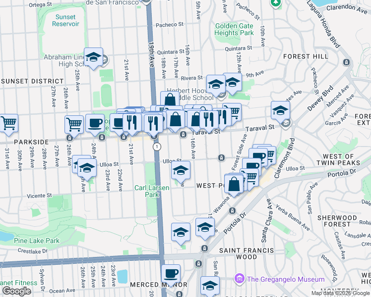 map of restaurants, bars, coffee shops, grocery stores, and more near 1600 Ulloa Street in San Francisco