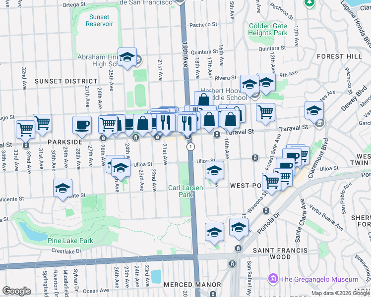 map of restaurants, bars, coffee shops, grocery stores, and more near 2482 20th Avenue in San Francisco