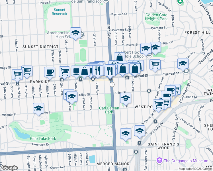 map of restaurants, bars, coffee shops, grocery stores, and more near 2482 20th Avenue in San Francisco