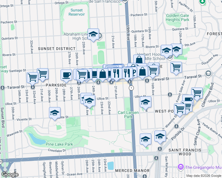 map of restaurants, bars, coffee shops, grocery stores, and more near 2477 21st Avenue in San Francisco