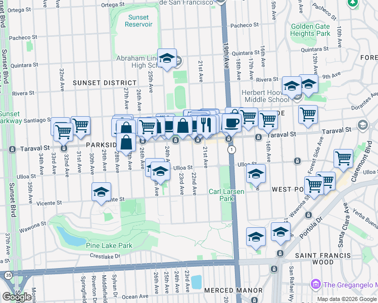 map of restaurants, bars, coffee shops, grocery stores, and more near 2474 23rd Avenue in San Francisco