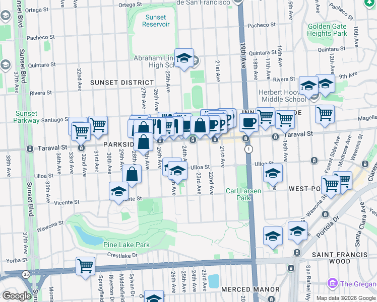 map of restaurants, bars, coffee shops, grocery stores, and more near 2471 24th Avenue in San Francisco