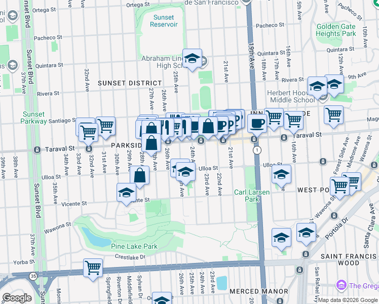 map of restaurants, bars, coffee shops, grocery stores, and more near 2471 24th Avenue in San Francisco