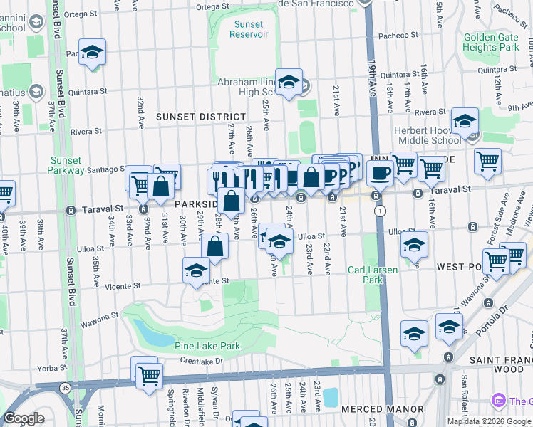 map of restaurants, bars, coffee shops, grocery stores, and more near 2467 25th Avenue in San Francisco