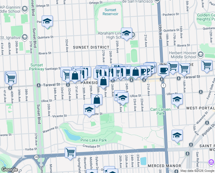 map of restaurants, bars, coffee shops, grocery stores, and more near 2462 27th Avenue in San Francisco
